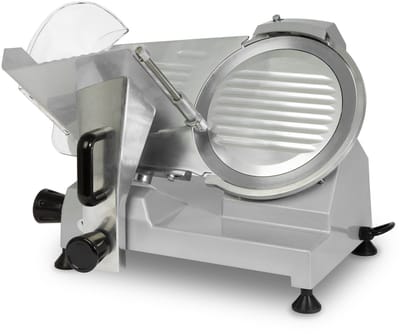 VERTES Gastro snijmachine, elektrisch met 150 W, mes met een diameter van 250 mm, snijdikte 0 tot 12 mm, universele snijmachine met aluminium behuizing, incl. slijpsteen