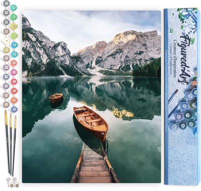 Figured'Art Schilderen op Nummer Volwassenen canvas Kleine boot en bergmeer - Handwerk acrylverf Kit DIY Compleet - 40x50cm zonder frame