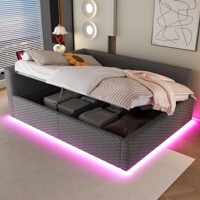 MODENUIT Gestoffeerd bed 140x200 cm – Ledverlichting met USB-C en 2 USB-poorten – Hydraulische opbergruimte – Zonder matras – Grijs