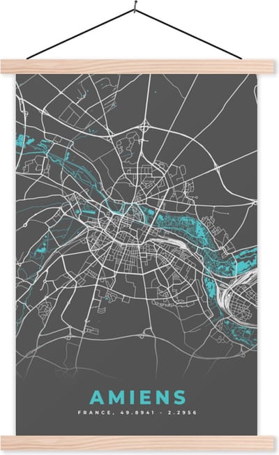 Posterhanger incl. Poster 40x60 cm - Schoolplaat - Amiens - Stadskaart - Kaart - Plattegrond - Frankrijk - Textielposter - Blanke latten - Stadskaart