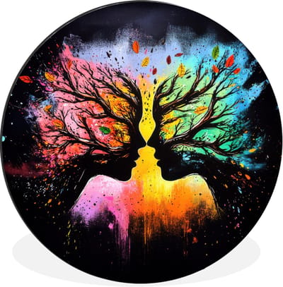 WallCircle - Wandcirkel - Muurcirkel - Gezichten - Silhouetten - Kleurrijk - Takken - Aluminium - Dibond - 30x30 cm - Binnen en Buiten