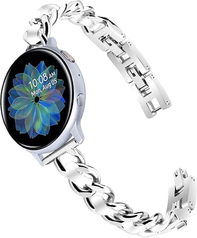 Stravo Lederen en Metalen Horlogebandje 20mm – Zilver/Wit – Denim Kettingontwerp Leren Smartwatch Bandje – Geschikt voor Samsung Galaxy Watch 7 / 6 / 5 / 5 Pro / 4 / 3 / Active 2 – Polar Ignite / Unite – Huawei – Leer