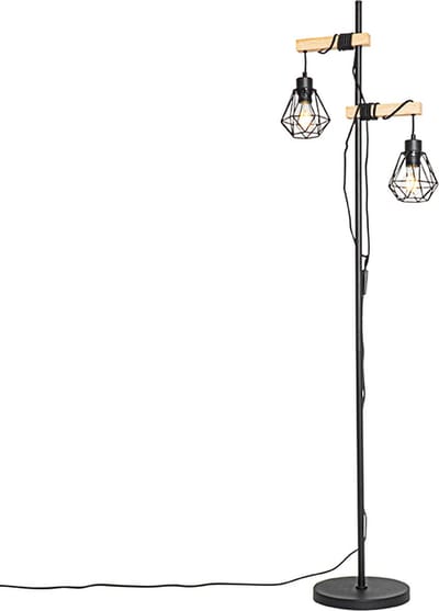 QAZQA chon - Landelijke Vloerlamp | Staande Lamp met kap - 2 lichts - H 155 cm - Zwart - Woonkamer | Slaapkamer | Keuken