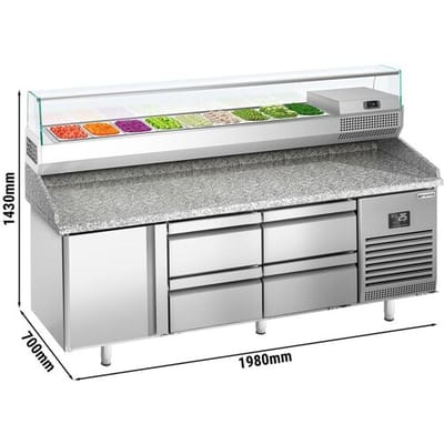GGM Gastro Pizzakühltisch Premium PLUS - 1980x700mm - mit 1 Tür & 4 Schubladen - inkl. Kühlaufsatzvitrine - 9x GN 1/4
