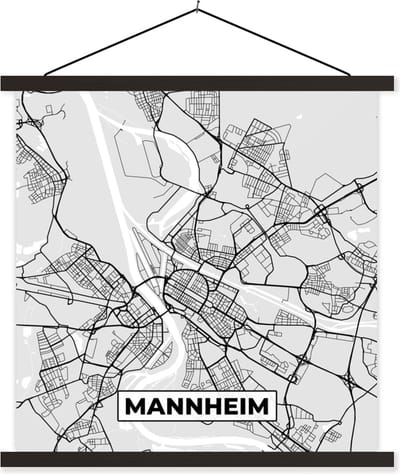 Posterhanger incl. Poster 60x60 cm - Schoolplaat - Duitsland - Plattegrond - Mannheim - Kaart - Stadskaart - Textielposter - Zwarte latten - Stadskaart