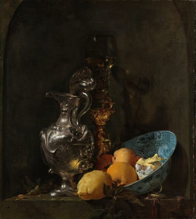 Stilleven met zilveren kan en porseleinen kom, Willem Kalf, 1655- Kristal Helder Galerie kwaliteit Plexiglas 5mm. - Blind Aluminium Ophang-frame - Luxe wanddecoratie - Fotokunst - professioneel verpakt en gratis bezorgd