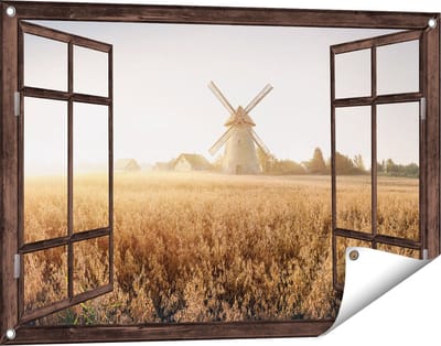 Gards Tuinposter Doorkijk Windmolen in het Veld - 90x60 cm - Tuindoek - Tuindecoratie - Wanddecoratie buiten - Tuinschilderij