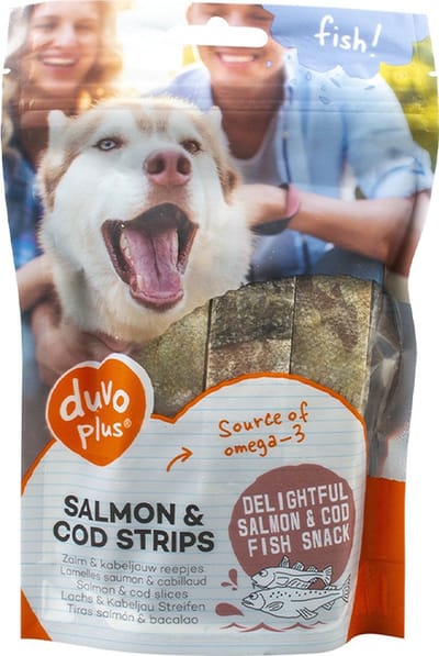 DUVO HONDENSNACK - ZALM EN KABELJAUW STRIPS - 150 GR - BRON VAN OMEGA 3 - IDEAAL VOOR OUDE HONDJES