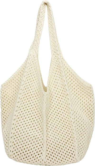 Dames Gehaakte Schoudertas, Grote Mesh Strandtas voor Strand, Picknick en Winkelen, Hexagonale Tas