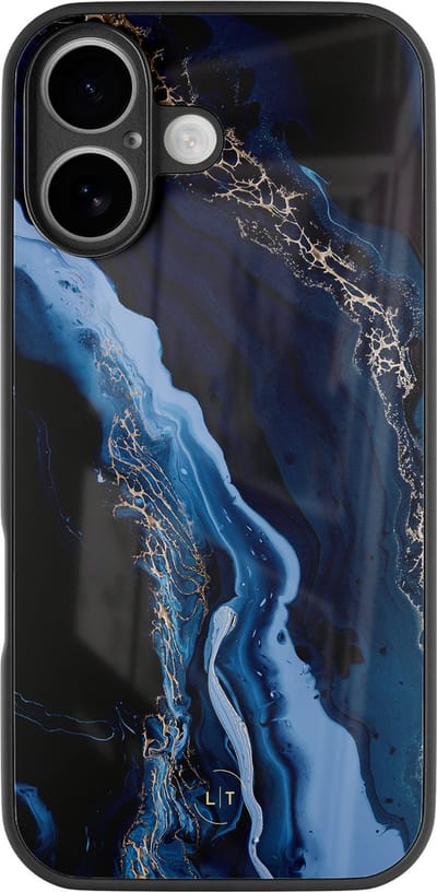 Hoesje geschikt voor iPhone 17- Marmer lagoon blauw - Luxe Glazen Hardcase - Marmer - Blauw - Leuke Telefoonhoesjes