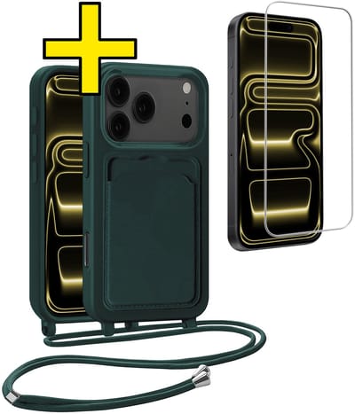 Hoesje Geschikt voor iPhone 17 Pro Telefoonhoesje Met Koord Case Pashouder Met Screenprotector Siliconen - Hoes Geschikt voor iPhone 17 Pro Hoesje Met Kaarthouder - Donkergroen