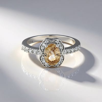 Cavill - Zilver Ring - 925 Sterling Zilver Platina Plated - 1,197 ct Kanariegele Zirkoon Ovaal - 0,286 ct Pavé Zirkonen - Elegante Bloem Halo