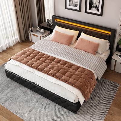 Luxe Gestoffeerd Tweepersoons Bed met Opbergruimte en LED-verlichting (180x200 cm)