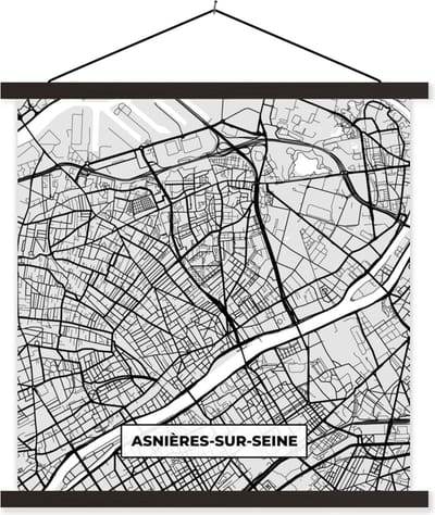 Posterhanger incl. Poster 60x60 cm - Schoolplaat - Frankrijk - Asnières-sur-Seine - Stadskaart - Plattegrond - Kaart - Textielposter - Zwarte latten - Stadskaart