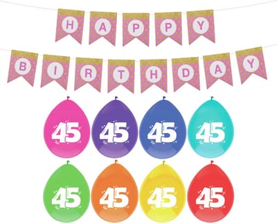 Haza Verjaardag 45 jaar geworden versiering - 16x thema ballonnen/1x Happy Birthday slinger 300 cm