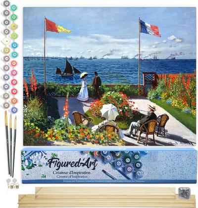 Figured'Art Schilderen op Nummer Volwassenen canvas Het terras bij Sainte-Adresse - Monet - Handwerk acrylverf Kit DIY Compleet - 40x50cm met DIY houten lijst