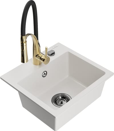 Mexen Milo granieten spoelbak 1-komor met keukenkraan Aster, wit - 6505-20-73450-57-B