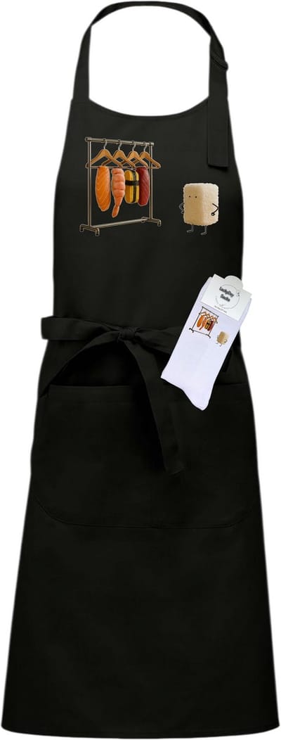 Luxe Keukenschort en sokken met tekst - Cadeau set - Giftset - Sushi - Afscheid cadeau - Zwart - Verstelbaar - Cadeau idee - Verjaardag cadeau - Cadeau dames en heren - Moederdag - Vaderdag - Pensioen - Kerst cadeau - Grappig cadeau - Onesize