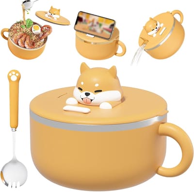 Soepkommen - Soeppan - Soep- en noedelkom 1200 ml met deksel en lepel – roestvrijstalen ramen kom met handvat en siliconen afdichtring – geel cartoon hond design