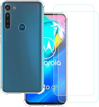 Anti-Shock transparant hoesje silicone met 2 Pack Tempered glas Screen Protector Geschikt voor: Motorola Moto G8 Power