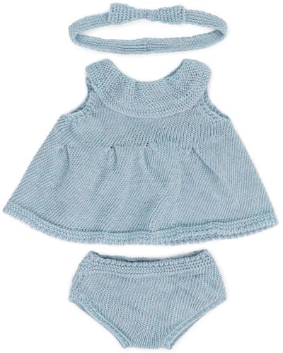 ML Poppen: KLEDIJ SET GEBREID blauw voor meisje 38cm, eco en gerecycleerd,  3-delig, kleedje, broekje en haarlint, op kleerhanger, 3+