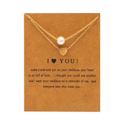Bixorp Luck Gouden Dubbele Dames Ketting met Parel en Hartje - "I heart you" - 45/50cm - Cadeau voor Vrouw - Goudkleurig