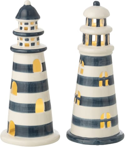 J-Line decoratie Vuurtoren Gestreept - porselein - wit/blauw - large - 2 stuks - LED lichtjes