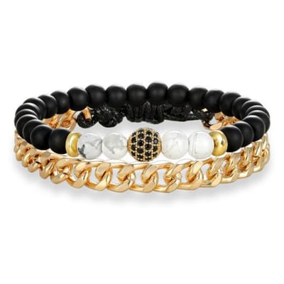 Victorious Set Armbanden Heren – Natuurstenen/RVS Roestvrij Staal – Zwart/Goud/Wit – 17.5cm