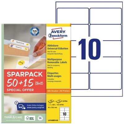 Avery-Zweckform L4744REV-65 Universele etiketten 96 x 50.8 mm Papier Wit 65 vellen Weer verwijderbaar Inkjet, Laser (zwart/wit), Laser (kleur),