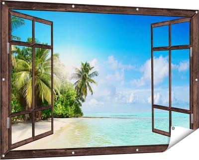 Gards Tuinposter Doorkijk Tropisch Strand bij de Licht Blauwe Zee - 150x100 cm - Tuindoek - Tuindecoratie - Wanddecoratie buiten - Tuinschilderij