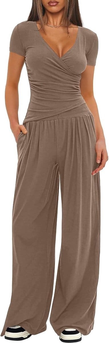 Zomer Loungewear voor Dames met Korte Mouwen, V-hals en Wijde Broek met Zakken - Casual Elegante Tracksuit voor Sport en Yoga