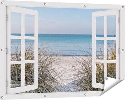 Gards Tuinposter Doorkijk Strand en Zee vanuit de Duinen - 120x80 cm - Tuindoek - Tuindecoratie - Wanddecoratie buiten - Tuinschilderij