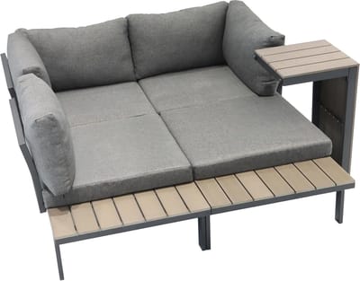 Modulaire 3-delige Loungeset voor Tuin en Terras 2x Loungebank 155x70x64 cm + 1x Tafel 70x40x40 cm – Weerbestendig, Modern Houtlook Design, Inclusief Kussens – Laura