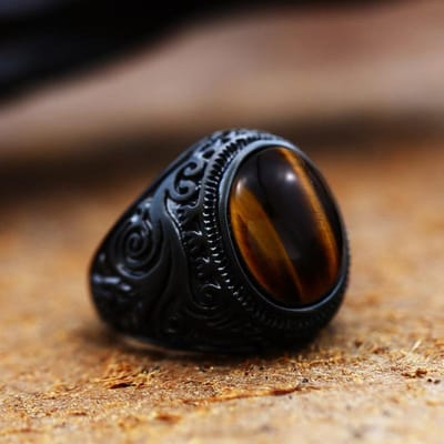 Vintage Handgemaakte Turkse Zwarte Zirkoon Ringen Retro Mannen Roestvrij Staal Tijgeroog Steen Ringen Klassieke Bruiloft Verlovingssieraden 11
