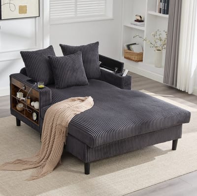 STILVORA Chaise Longue 129 x 170 cm - Met Led, Usb, Opbergruimte En Bekerhouders - Voor Woonkamer En Lounge - Cordfluweel Donkergrijs