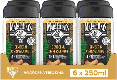 Le Petit Marseillais 4in1 douchegel voordeelverpakking - gember en cipressenhout - extra verfrissend effect - 6 x 250 ml