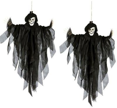Fiestas Guirca Horror hangdecoratie spook - 2x stuks - geest pop - zwart - 75 cm - Halloween decoratie poppen