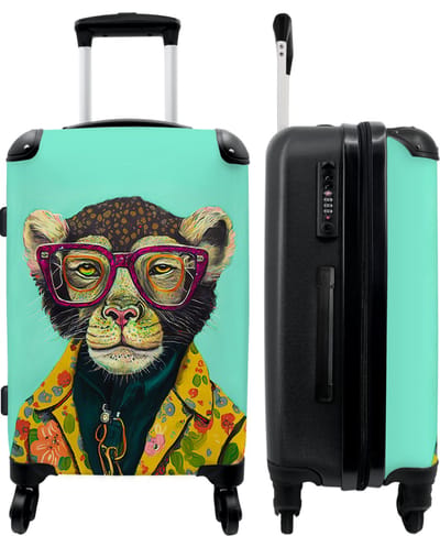 NoBoringSuitcases.com® - Koffer groot - Rolkoffer lichtgewicht - Design - Roze - Bril - Aap - Dieren - Reiskoffer met 4 wielen - Reis trolley - Grote valies XL - Bagagekoffer op wieltjes - 20 kg bagage - Ruimbagage middelgroot