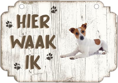 Hier Waak Ik: Jack Russel | Waakbord | Spreukenbord | Hondenras | Hond | Betreden op eigen risico | Pas Op Voor De Hond | Deurbordjes | Bewaker Van Dit Huis
