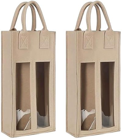 JHUBERS- Wijn Tas Dubbel - Vilt - Schokbestendig - Herbruikbaar - Draagbare Wijn Beschermhoes - 2 Stuks - Beige - Wijnfles Tas