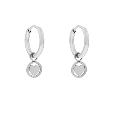 Oorbellen klein met hanger rondje met hartje - Zilver - Stainless steel (verkleurt niet) - Kliksluiting