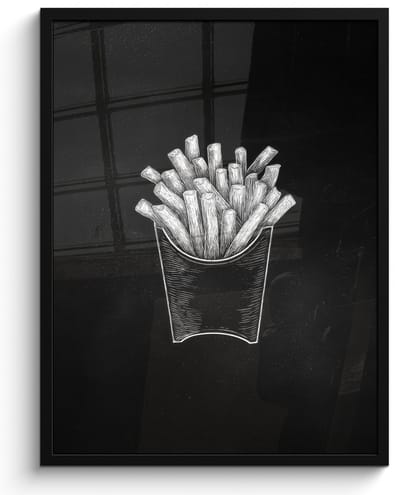 Poster in lijst - Fotolijst 60x80 cm - Posters - Friet - Witte krijttekening - Zwart - Posterlijst zwart - Decoratie - Wanddecoratie woonkamer - Muurdecoratie slaapkamer