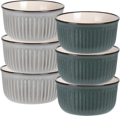 Soepkom Striped - set 6x - grijs / groen - 14 x 7 cm - keramiek - kommetjes - 500 ml