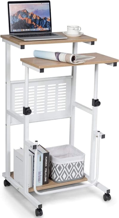 Computer bureau 2-in-1 kantoortafel met in hoogte verstelbaar tafelblad 55 x 53 x 98 cm Naturel + Wit, Laptoptafel op wielen,Laptoptafel