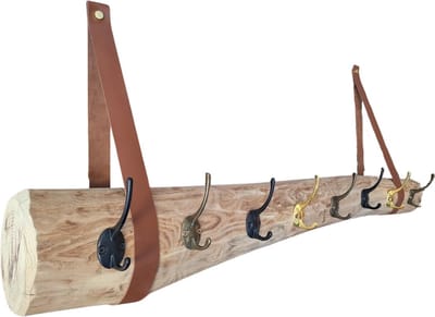 Hoexs Kapstok Boomstam - 90cm - Robina Hout - Cognac leer - 8x2 Haken - Inclusief bevestigingsmateriaal