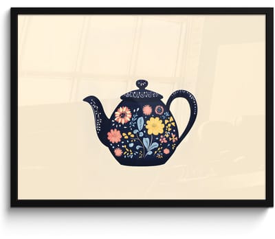 Poster in lijst - Fotolijst 70x50 cm - Posters - Theepot - Kleurrijk - Bloemen - Posterlijst zwart - Decoratie - Wanddecoratie woonkamer - Muurdecoratie slaapkamer