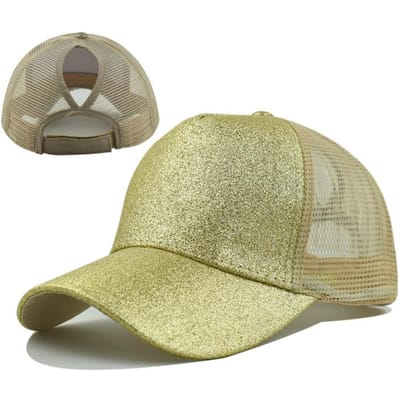 - Baseballpet van pailletten en mesh met zichtbare paardenstaart. Verkrijgbaar in Meerdere Kleuren en Geschikt voor de Zomer. One Size
