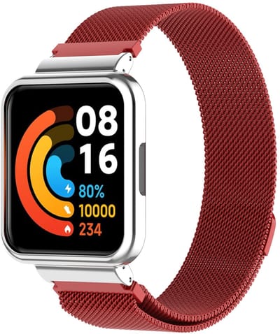 By Qubix - Milanese bandje met case - Rood - Geschikt voor Xiaomi Redmi Watch 2 (Lite)