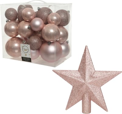 Kerstversiering kunststof kerstballen lichtroze 6-8-10 cm pakket van 27x stuks - Met kunststof ster piek van 19 cm