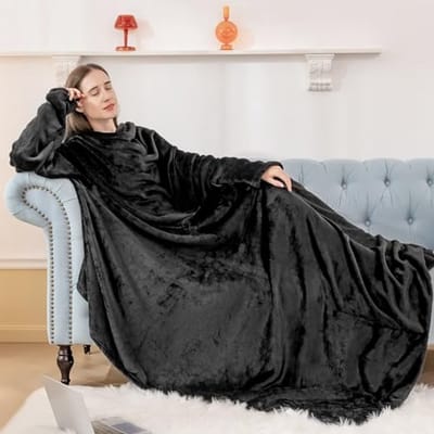 Draagbare Fleece Dekentje met Mouwen - Warme Flanel Deken met Voetzak voor Winter Comfort, 170x200cm